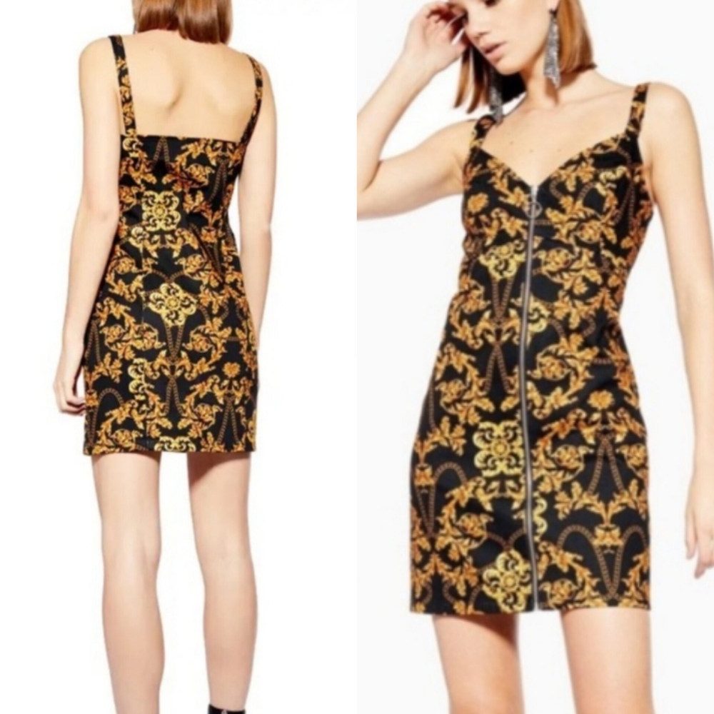 Topshop Printed Denim Zip front Dress black gold chain print size 4